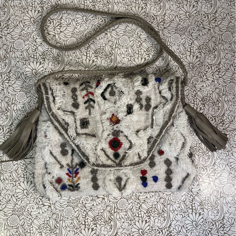 Anthropologie Ibban White Cotton Boho Crossbody Bag Embroidered Shoulder Purse
